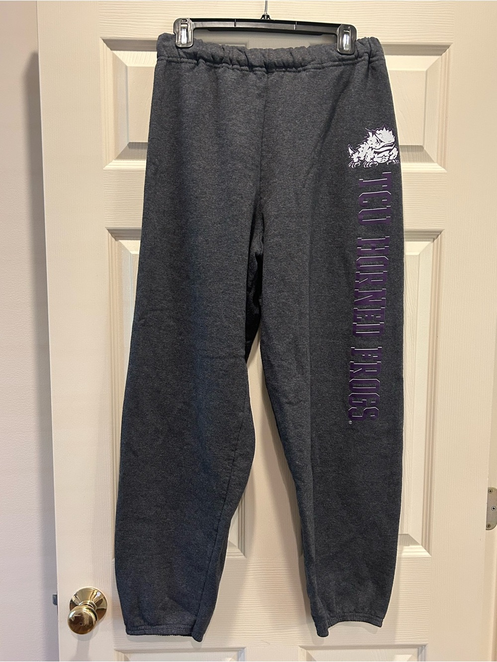 Jerzees Charcoal Gray Sweatpants with Purple Side Graphic. TCU